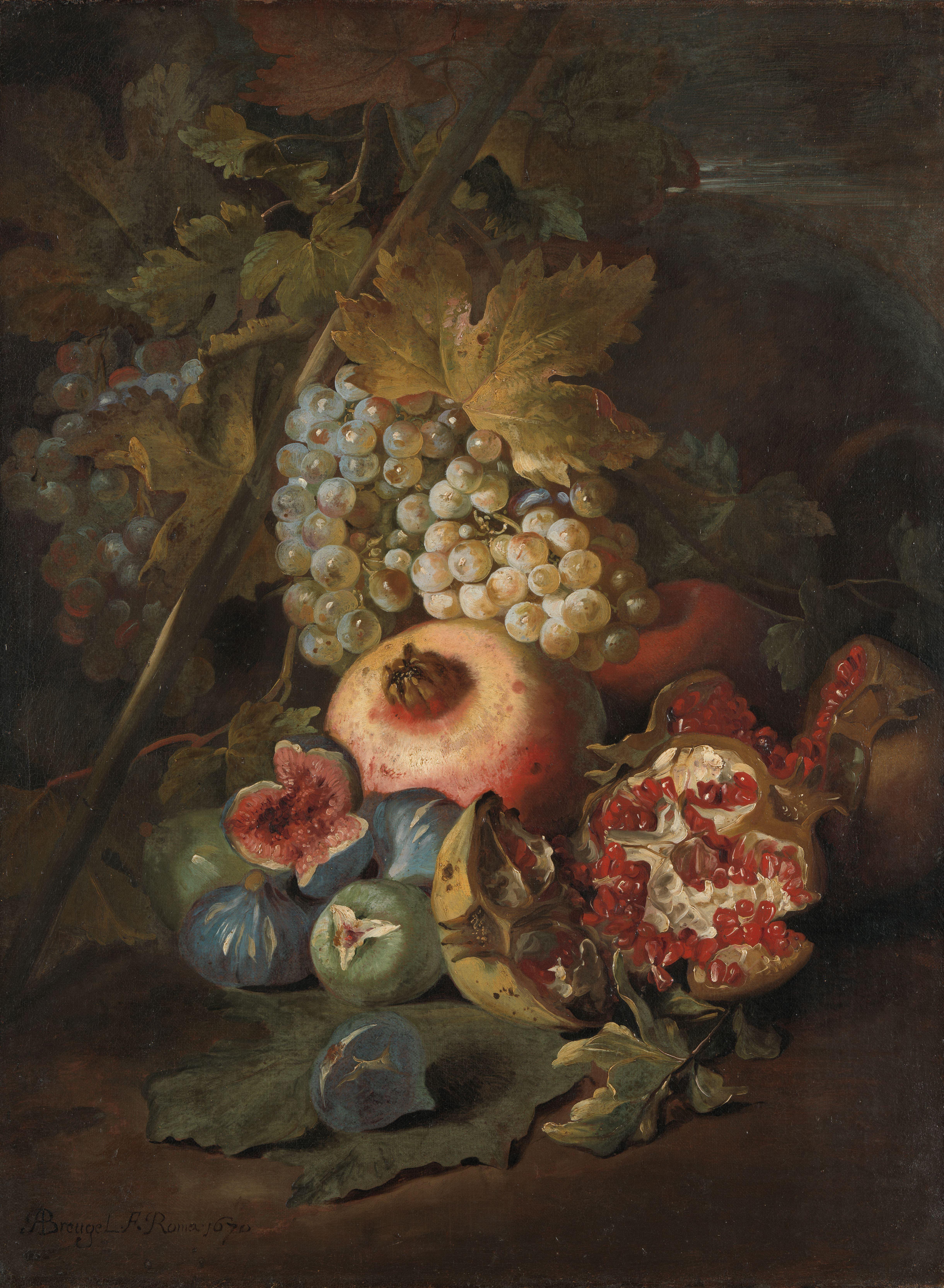Bunches of Grapes, Pomegranates and Figs in a Landscape — Abraham Brueghel