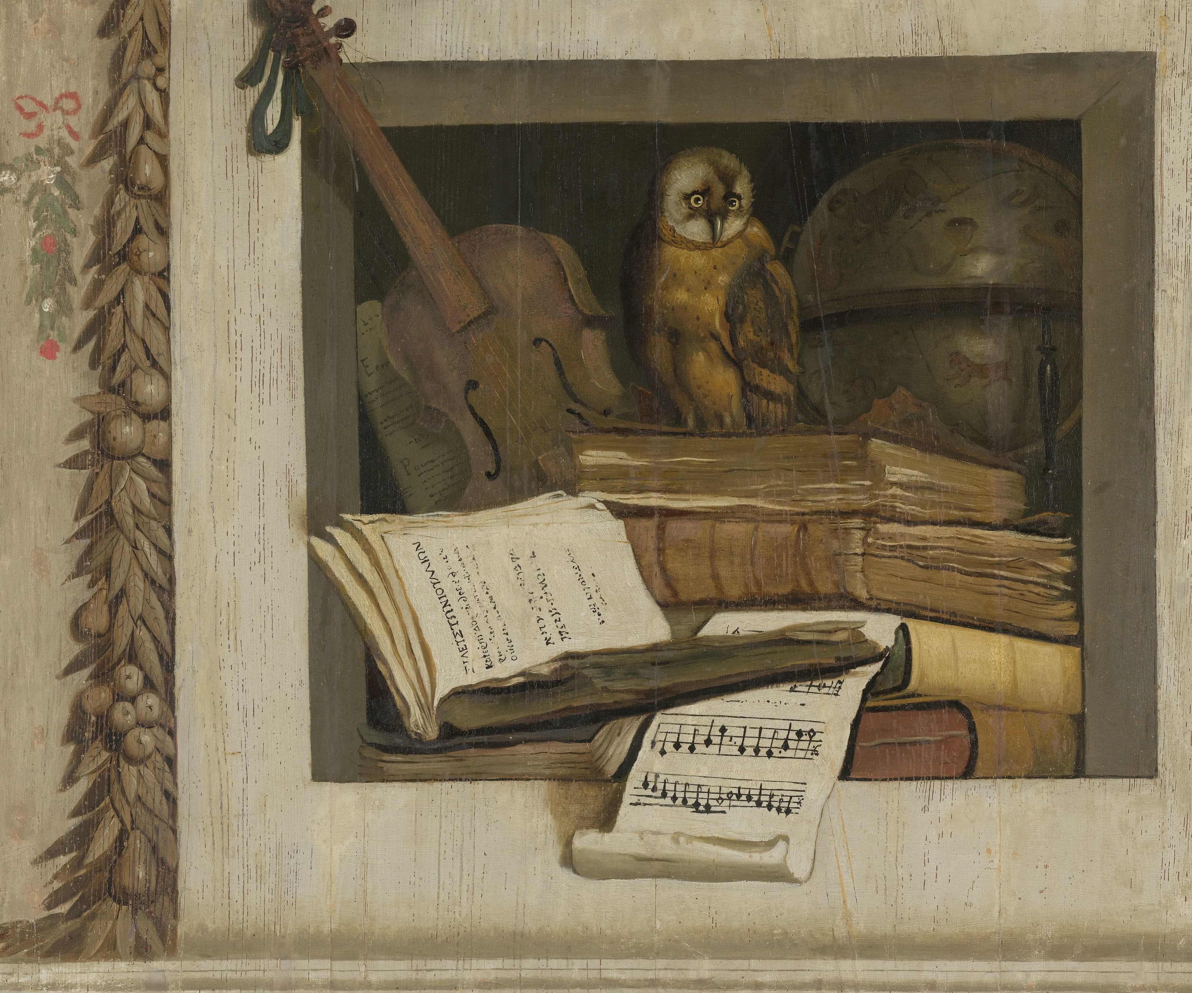 Stilleven met boeken, bladmuziek, viool, hemelglobe en een uil — Jacob van Campen
