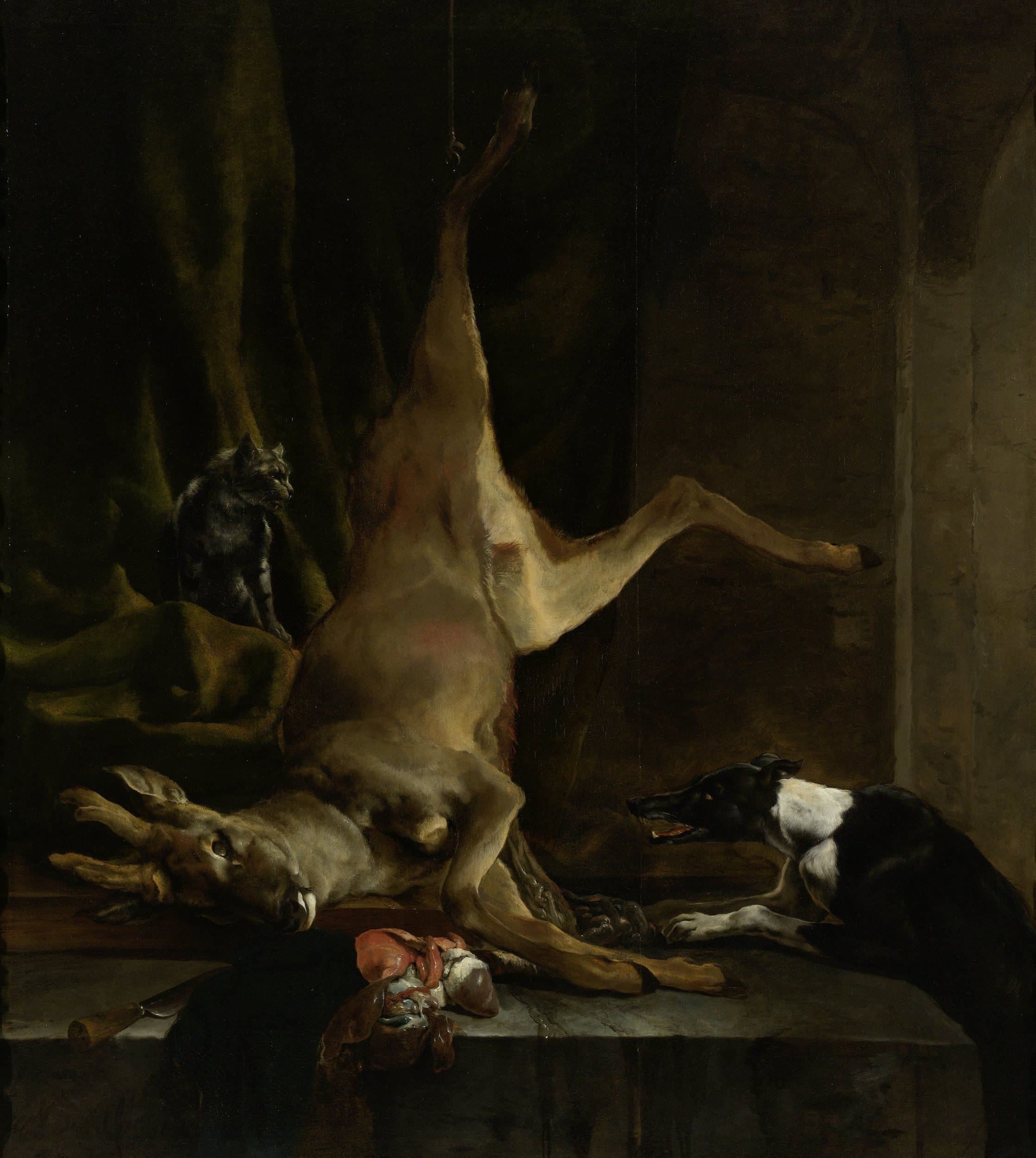 Een hond en een kat bij een half geslachte ree — Jan Baptist Weenix