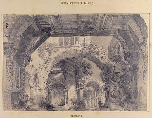 Architectural Ruins with a View of a Garden; Stage design for "Ballo don Parasol" — Carlo Ferrario