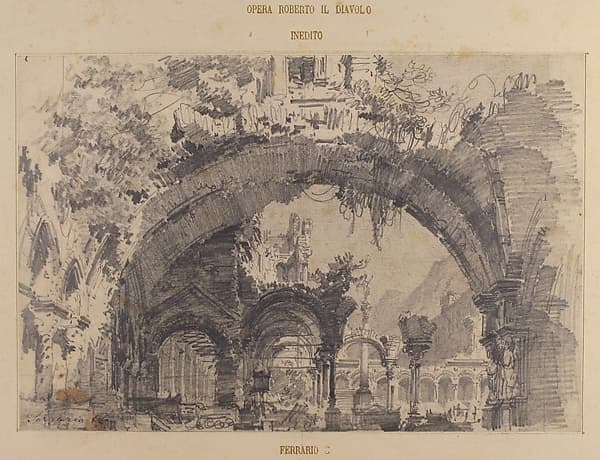 Architectural Ruins with a View of a Garden; Stage design for Giacomo Meyerbeer's opera, "Robert le diable" — Carlo Ferrario
