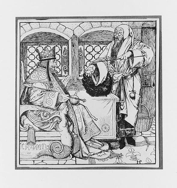 The Master of the Black Arts Bringeth a Curious Little Black Hen to the King, for "The Wonder Clock" — Howard Pyle