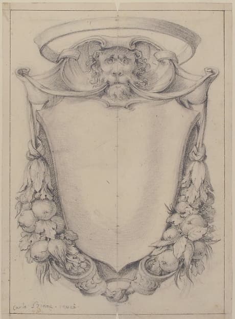 Design for a Cartouche Surmounted by a Lion's Head in Scrollwork Suspending Swags of Fruit and Leaves — Carlo Bianconi