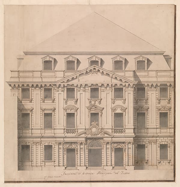 View of a Theater (Bayreuth): Exterior Elevation of the Façade; Central Portal Surmounted by Royal Crown — Giuseppe Galli Bibiena