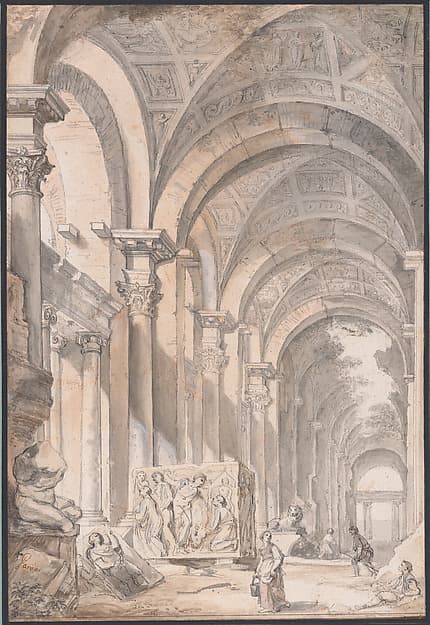 Architectural capriccio with Figures and Antiquities — Giovanni Paolo Panini