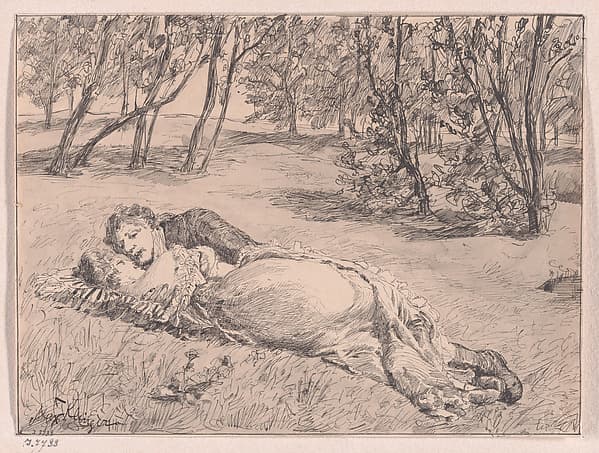 Paar im Grase–Umarmung in einer Landschaft (A Couple on the Grass–An Embrace in a Landscape) — Max Klinger