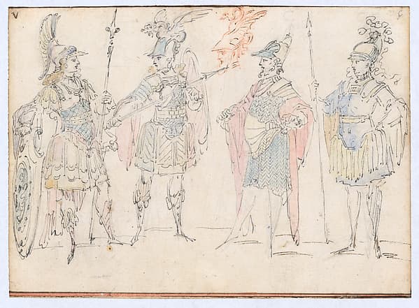 Four Actors in Heroic Costume, with a Study of a Helmeted Head — Claude Gillot