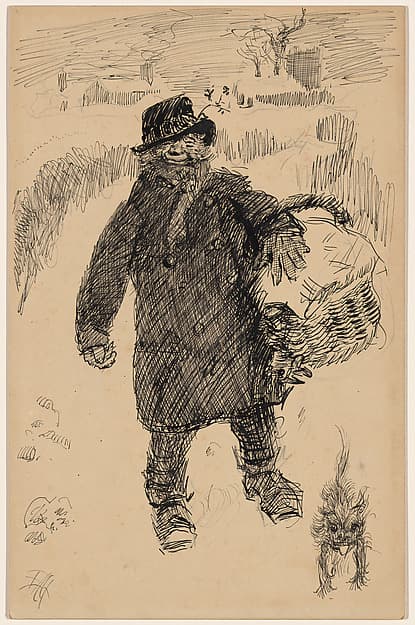 Man Walking in the Snow Carrying a Covered Basket, Accompanied by a Small Terrier — Edwin Austin Abbey