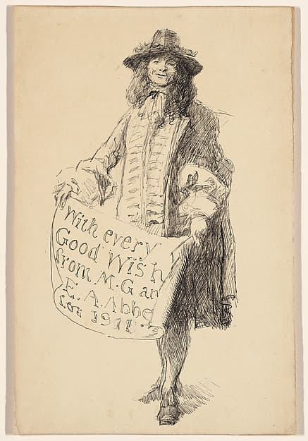 Man in seventeenth-century dress holding a scroll: With every Good Wish from M. G. and E. A. Abbey for 1911 — Edwin Austin Abbey