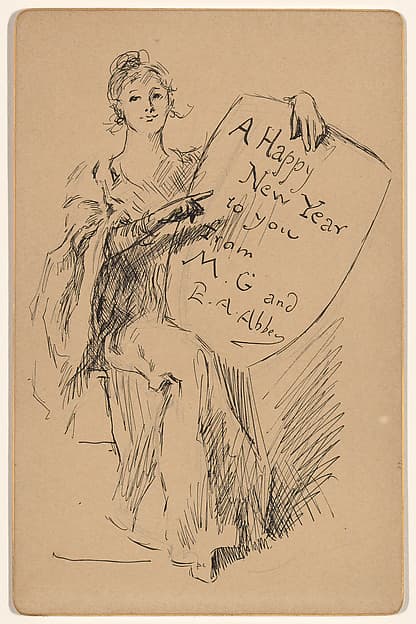 Seated Woman Holding a Shield: A Happy New Year to you from M. G. and E. A. Abbey — Edwin Austin Abbey