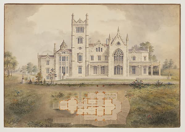 Lyndhurst for George Merritt, Tarrytown, New York (west [rear] elevation and plan) — Alexander Jackson Davis