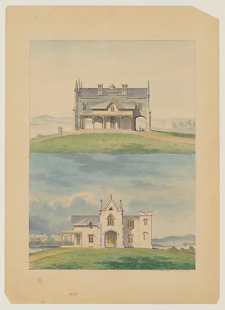 Knoll for William and Philip R. Paulding, Tarrytown (south and east [front] elevations) — Alexander Jackson Davis