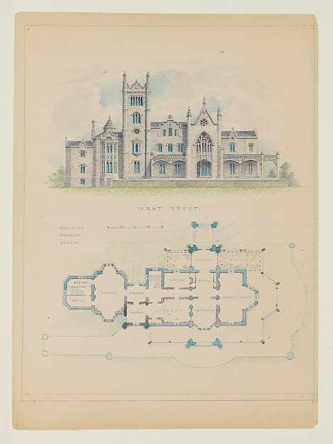 Floorplan and Elevation of the West Front of Lyndhurst, also known as Knoll (Tarrytown) — Alexander Jackson Davis