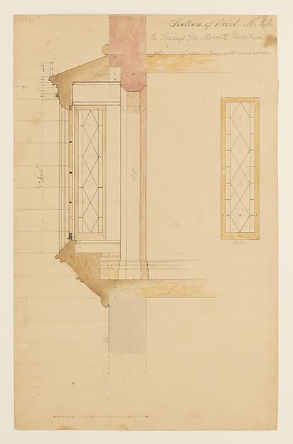 Technical Drawing with a Section of an Oriel Window for the Tower of Lyndhurst for George Merritt, Tarrytown, New York — Alexander Jackson Davis