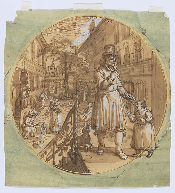 Allegorical scene with beggars and blacksmiths (recto); Sketch of rooftop (verso) — David Vinckboons
