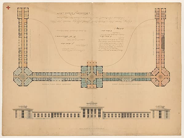 Plan and elevation for Blackwell's Island, Pauper's Lunatic Asylum, New York — Alexander Jackson Davis