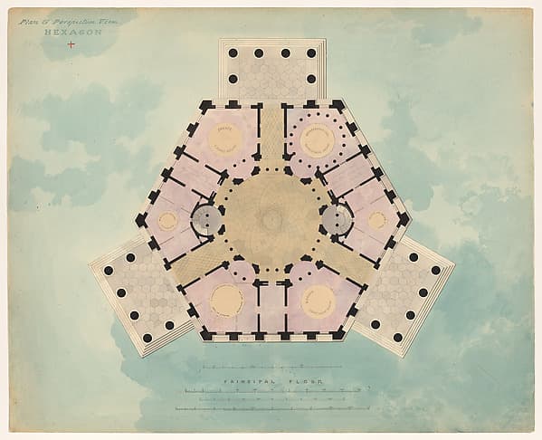 Hexagonal plan for Brooklyn City Hall (unexecuted) — Alexander Jackson Davis