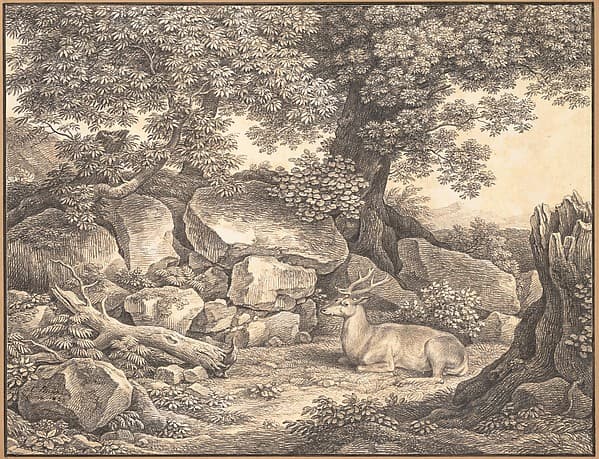 Italian Landscape with Trees, Rocks and a Resting Deer — Johann Christian Reinhart