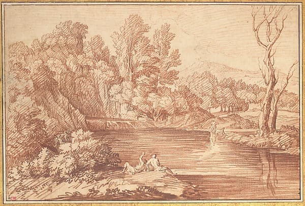 Landscape with Figures on the Bank of a River — Gaspard Dughet