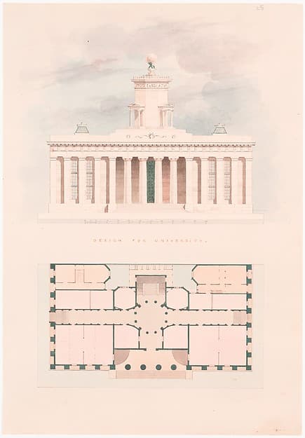 Design for a University (entrance façade and plan) — Alexander Jackson Davis