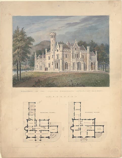 Villa for Robert Donaldson, Fishkill Landing, New York (perspective and plans) — Alexander Jackson Davis