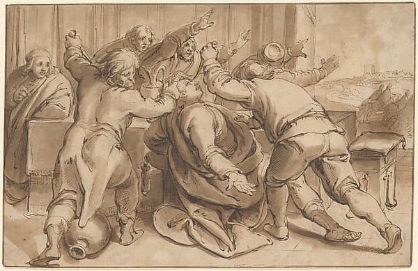 The Servants of Absalom killing Amnon (2 Samuel 13, 28-29); verso: Sketch of a seated woman — Karel van Mander I