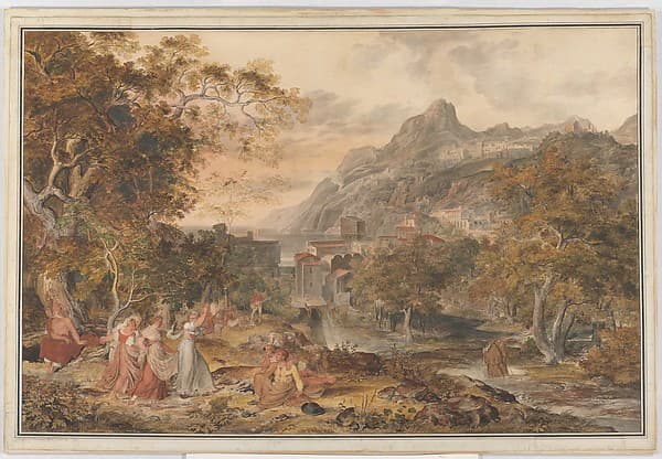 View of Vietri with Young Country Women Dancing for Shepherds in the Foreground — Joseph Anton Koch