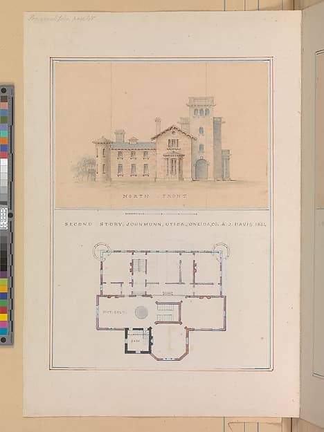 North Front and Second Floor Plan of John Munn House, Utica, New York — Alexander Jackson Davis