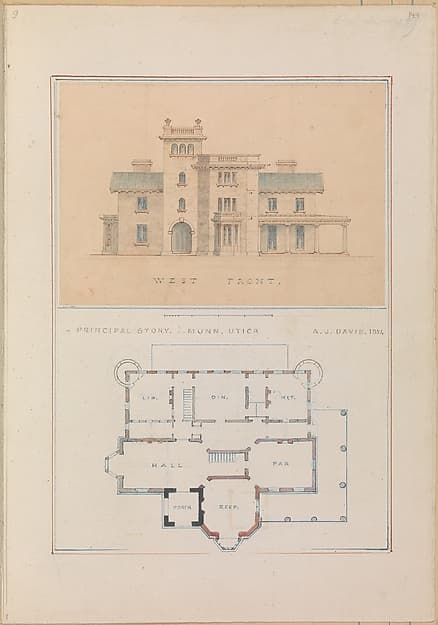 West Front and Principal Floor Plan of John Munn House, Utica, New York — Alexander Jackson Davis