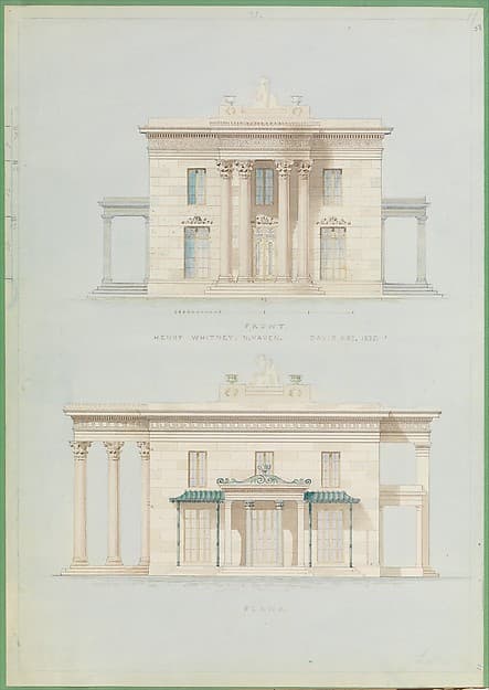 House for Henry Whitney, New Haven, Connecticut (front and side elevations) — Alexander Jackson Davis