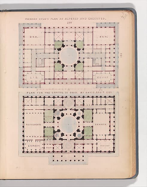 Thomas Cole's Plan as Altered and Executed; and Plan for the Capitol of Ohio, by Davis, Arc't 1837 — Alexander Jackson Davis