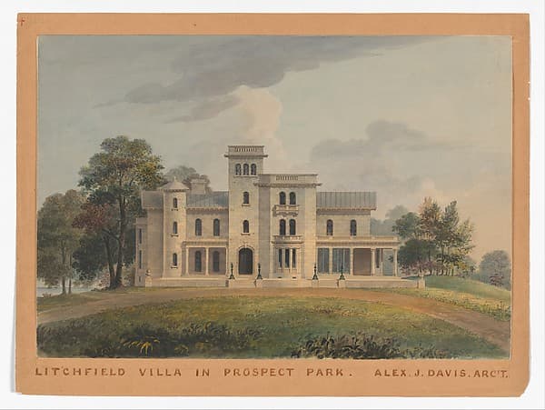 Grace Hill for Edwin C. Litchfield, Brooklyn, New York (front elevation) — Alexander Jackson Davis