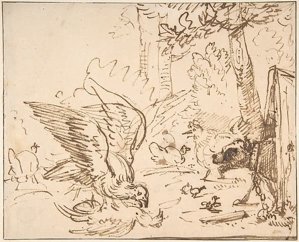 Barnyard Scene: two birds fighting (recto)
Studies of Birds(verso) — Anthonie van Borssom