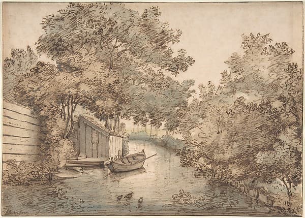 Canal with a Boat and Ducks — Anthonie van Borssom