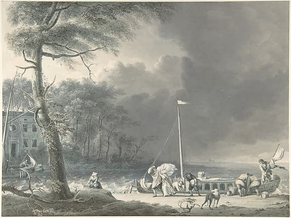 A Stormy Scene with Figures Unloading Boats Near a House on the Water's Edge — Jacob Cats