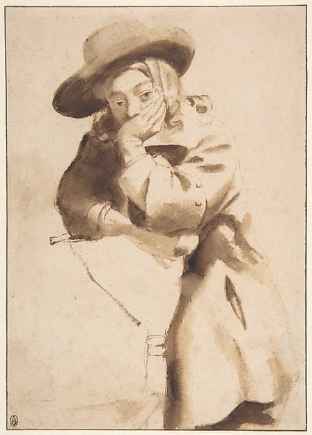 Young Man in Broad-Brimmed Hat, Resting His Chin on His Left Hand — Gerbrand van den Eeckhout