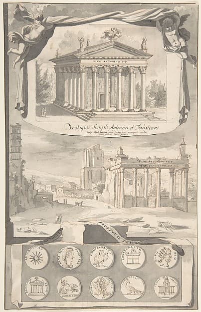 A Reconstruction of the Temple of Antonious and Faustina (above) and a View of the Ruins (below) — Jan Goeree
