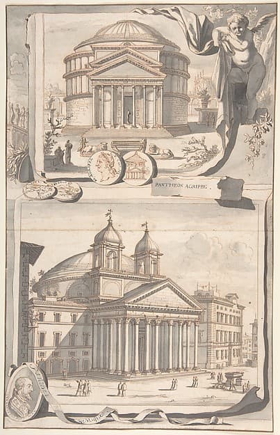 A Reconstuction of the Pantheon (above) and a View of its Appearance Around 1700 (below) — Jan Goeree