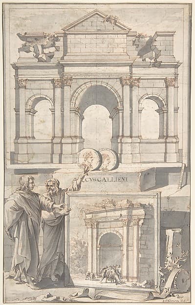 A Reconstruction of the Arch of Gallienus (above) and a View of the Ruins (below) — Jan Goeree