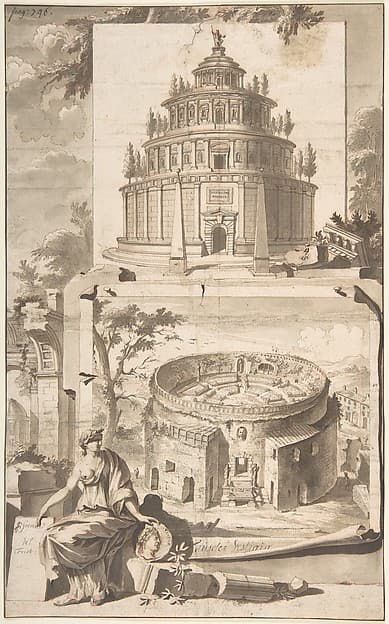 A Reconstruction of the Mausoleum of Augustus (above) and a View of the Ruins (below) — Jan Goeree