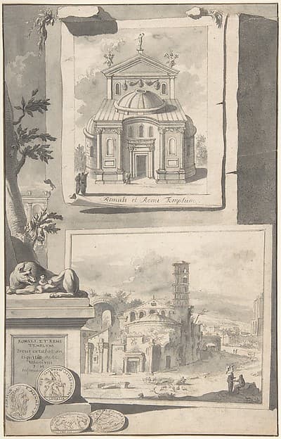 A Reconstruction of the Temple of Romulus and Remus (above) and a View of the Ruins (below) — Jan Goeree