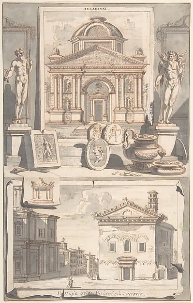 A Reconstruction of the Aerarium (above) and a View of the Ruins (below) — Jan Goeree