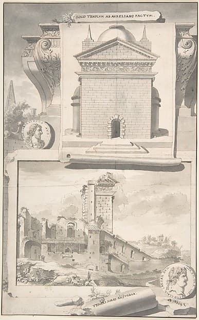 A Reconstruction of the Aurelian Temple of the Sun (above) and a View of the Ruins (below) — Jan Goeree