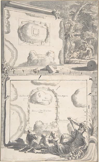 Two Maps of Ancient Rome with a River God and Romulus and Remus — Jan Goeree