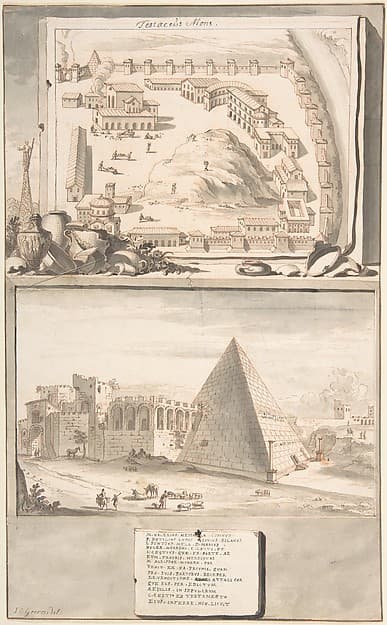 View of the Mons Testaceus (above) and the Pyramid of Cestius (below) — Jan Goeree