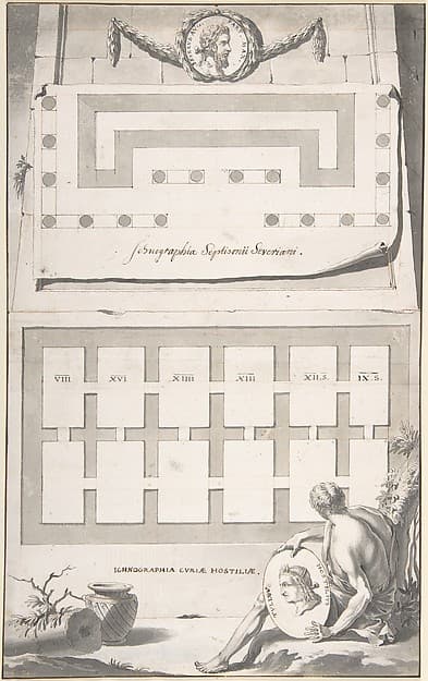 Ichnographia (or groundplan) of the Arch of Septimius Severus (above) and the Curia Hostilia (below) — Jan Goeree