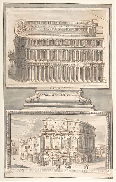 Reconstruction of the Theatre of Marcellus (above) and a View of the Ruins (below) — Jan Goeree