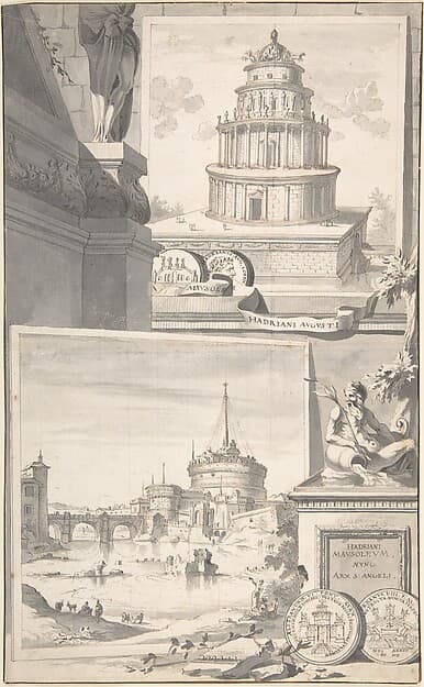 Reconstruction of the Mausoleum of Hadrian (above) and a View of the Castel S. Angelo (below) — Jan Goeree