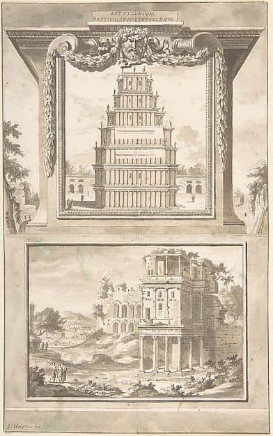 Reconstruction of the Monument to Septimius Severus (above), View of the Ruins (below) — Jan Goeree