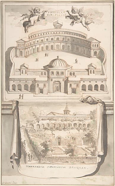 Reconstruction of the Thermae Olympiadis (above) and View of the Ruins (below) — Jan Goeree